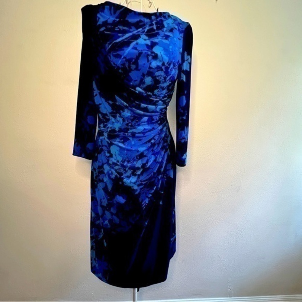 American Living blue floral, long-sleeved ruched dress. Sz 8. Preowned. EUC.